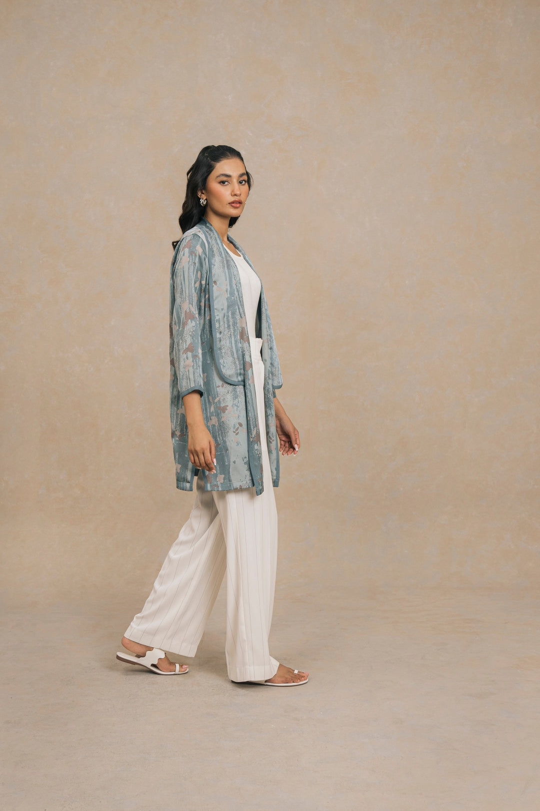 Bluish Grey Multi Printed Silk Shrug