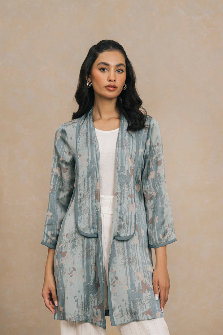 Bluish Grey Multi Printed Silk Shrug