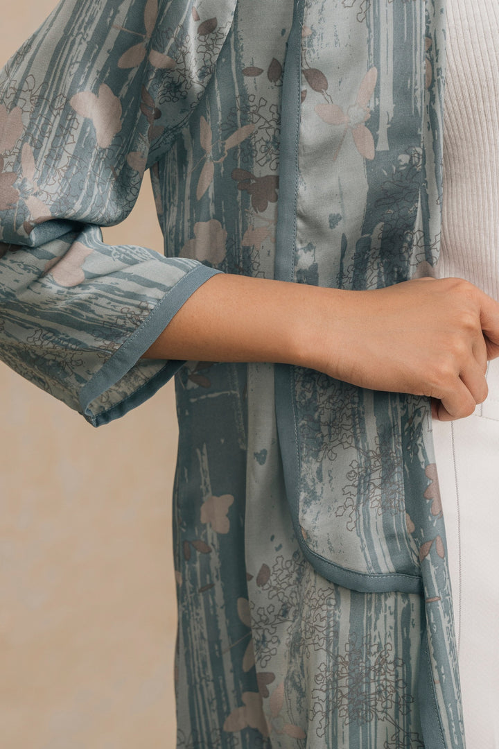 Bluish Grey Multi Printed Silk Shrug