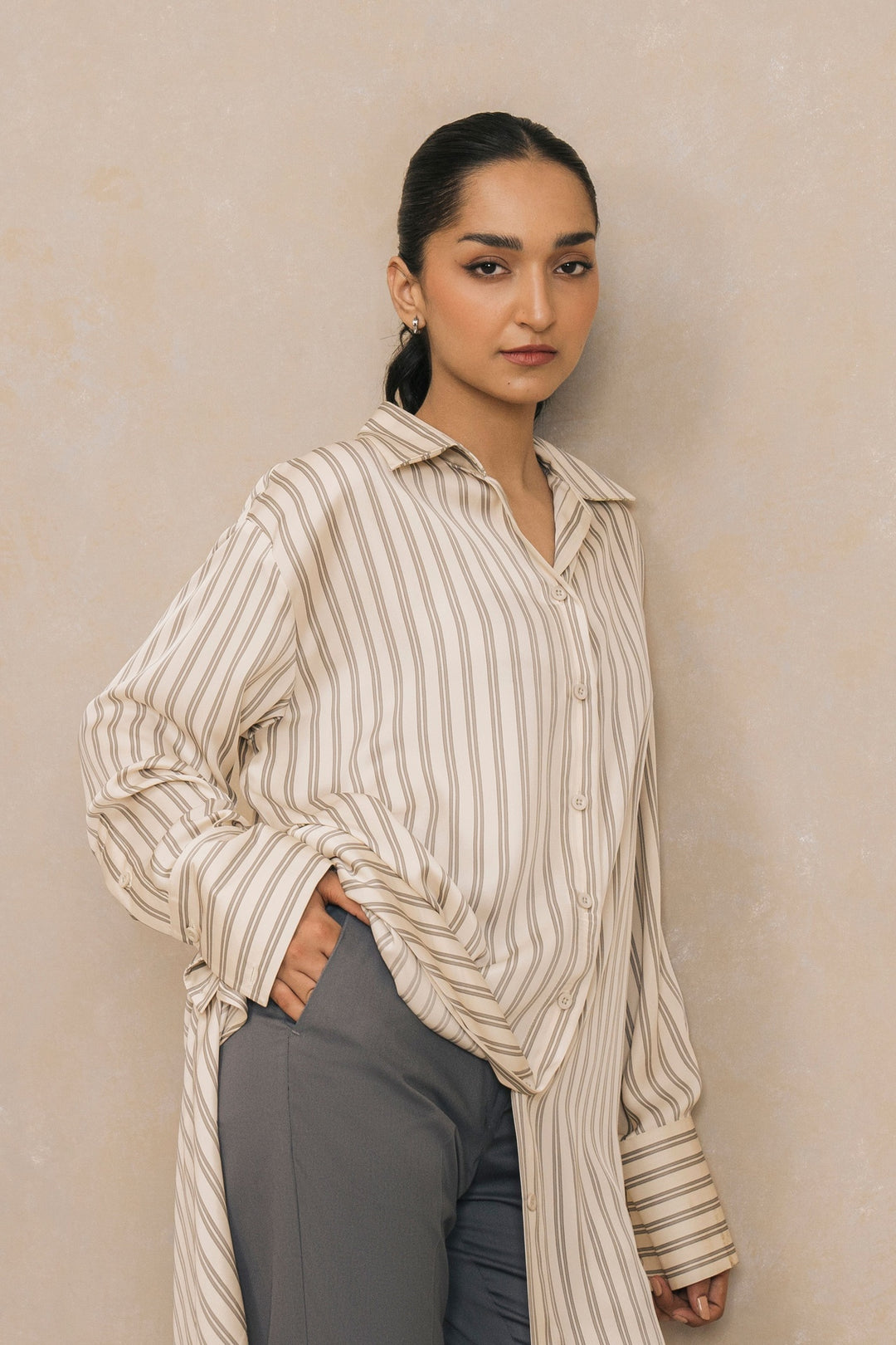 Cream Striped Knee Length Shirt
