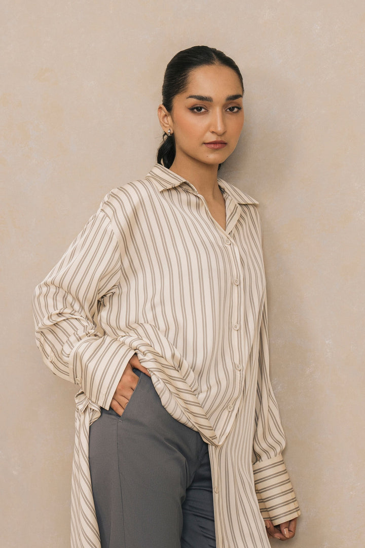 Cream Striped Knee Length Shirt