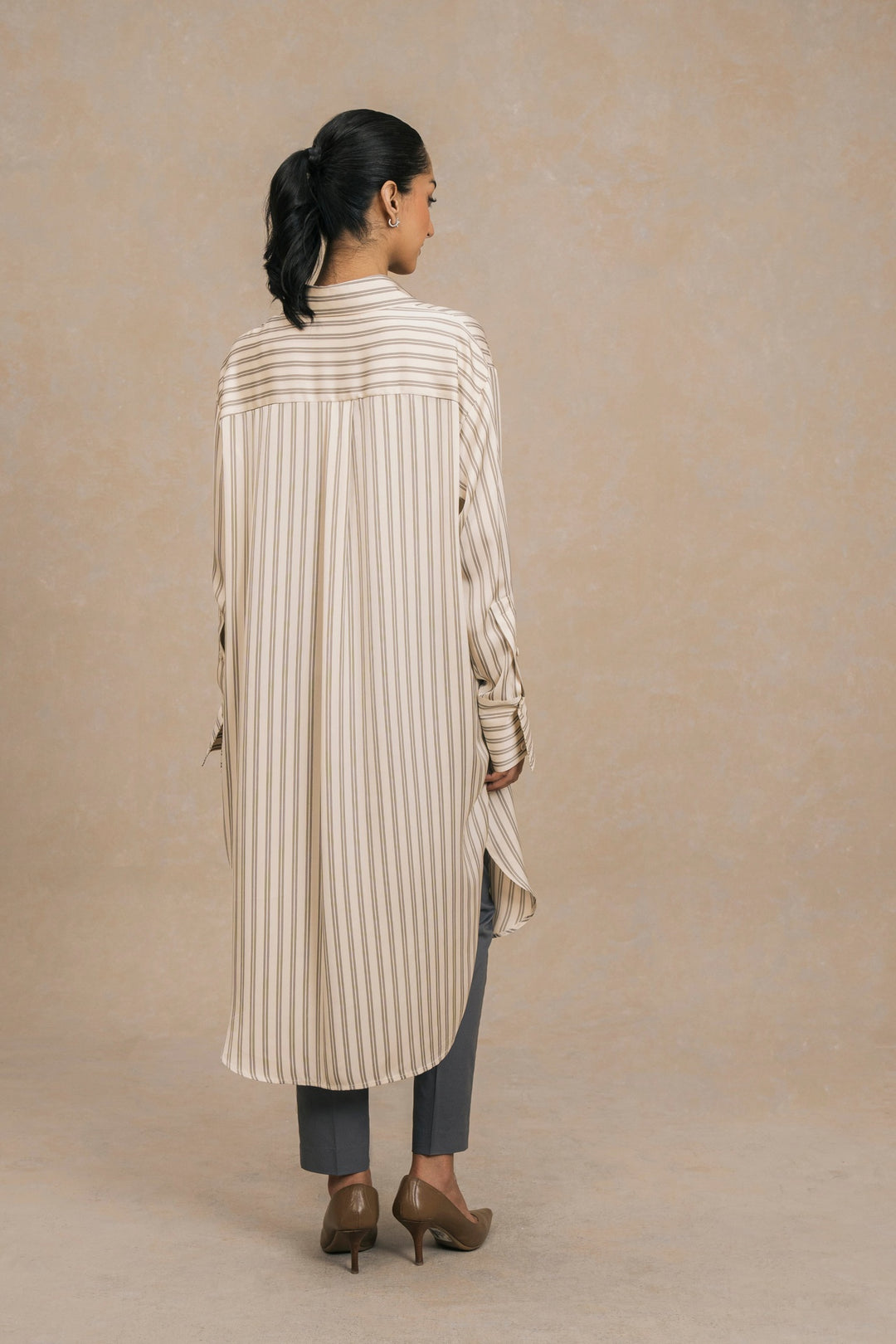 Cream Striped Knee Length Shirt