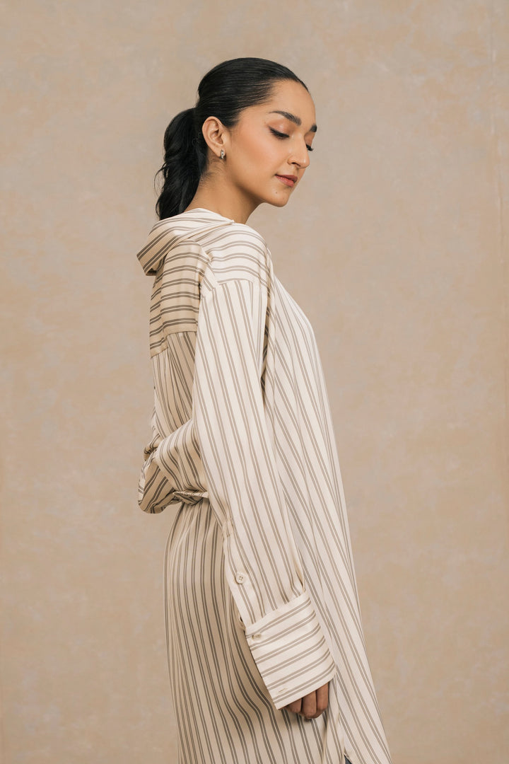 Cream Striped Knee Length Shirt