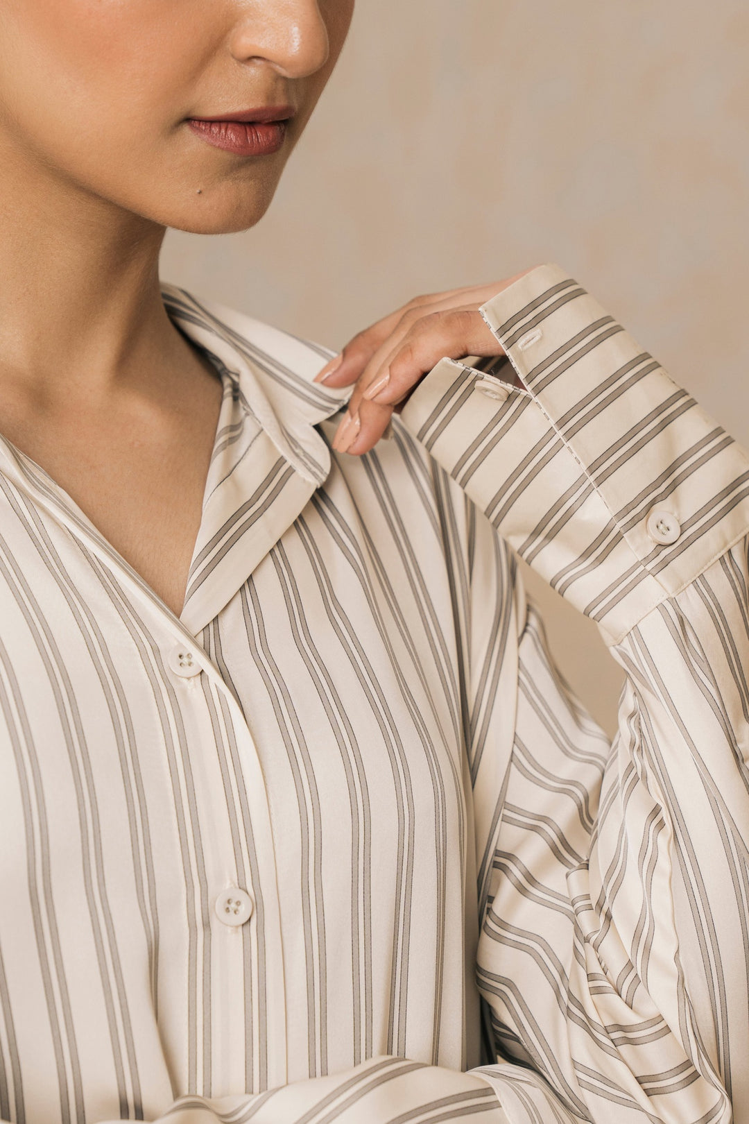 Cream Striped Knee Length Shirt
