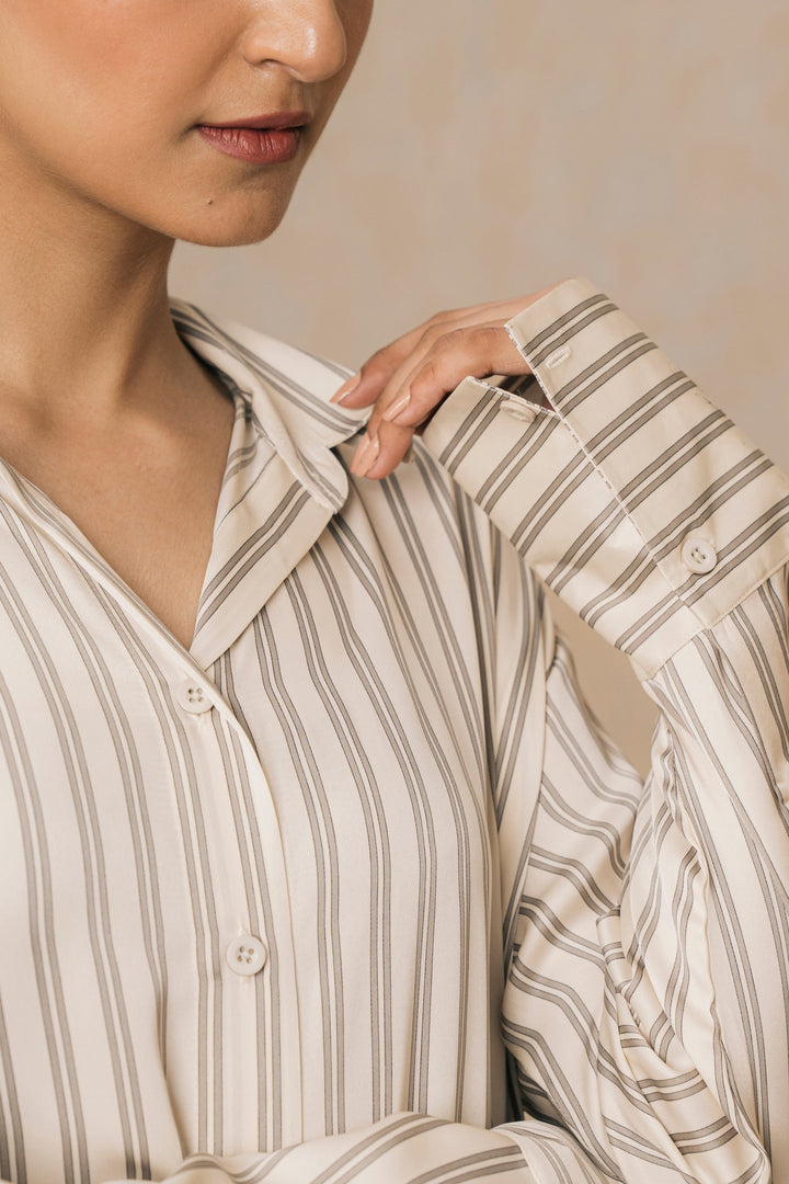 Cream Striped Knee Length Shirt