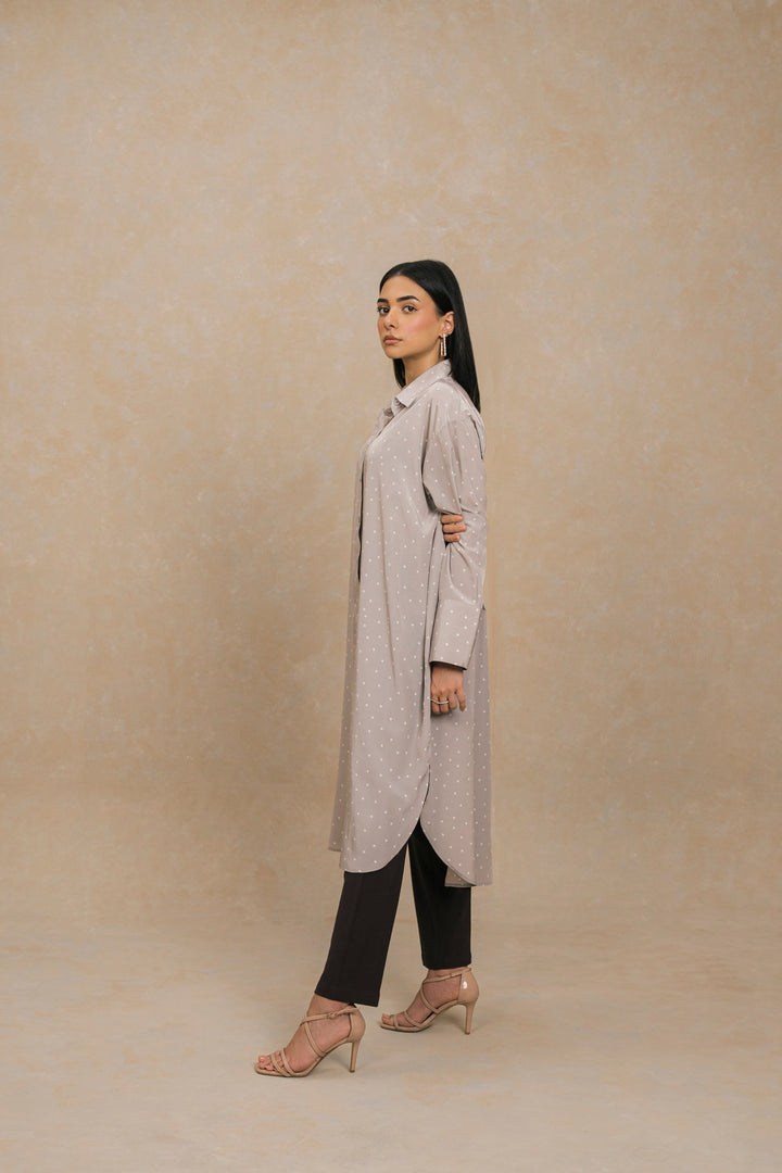 Grey White Polka Dots Knee Length Shirt
