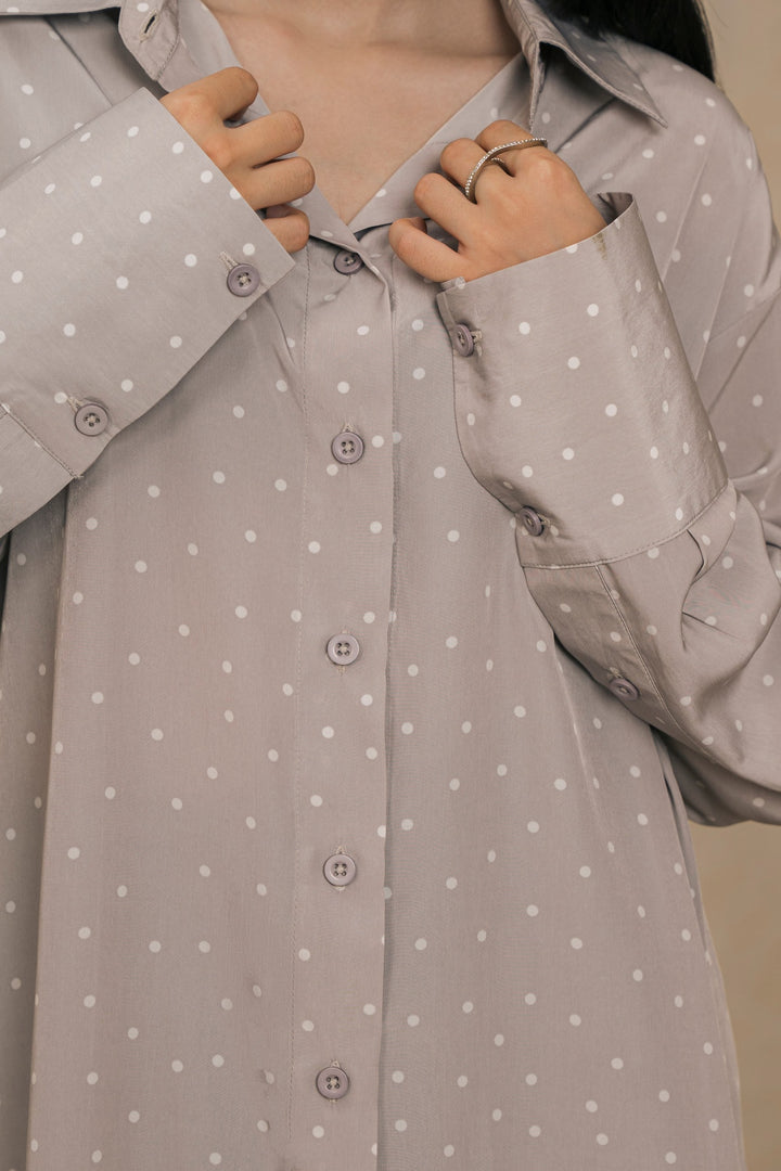 Grey White Polka Dots Knee Length Shirt