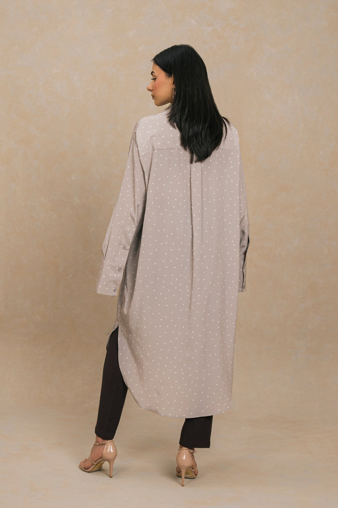 Grey White Polka Dots Knee Length Shirt