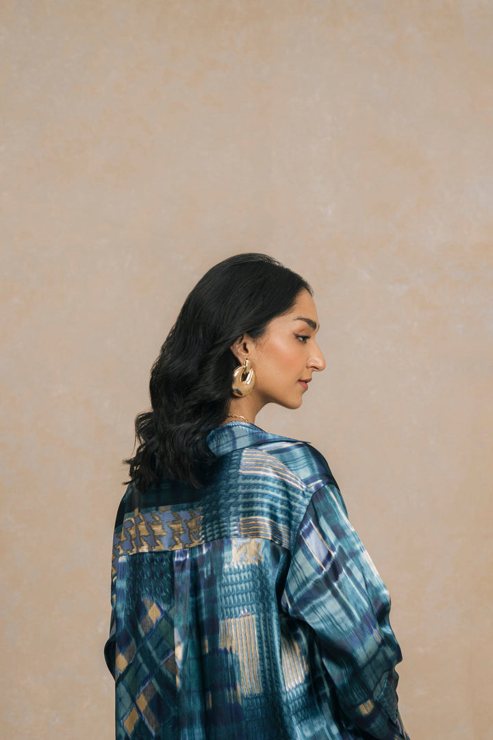 Blue Silk Knee Length Shirt
