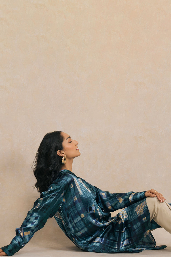Blue Silk Knee Length Shirt