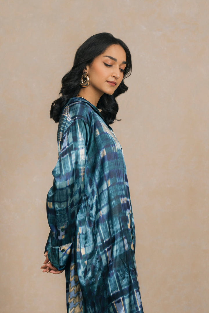 Blue Silk Knee Length Shirt