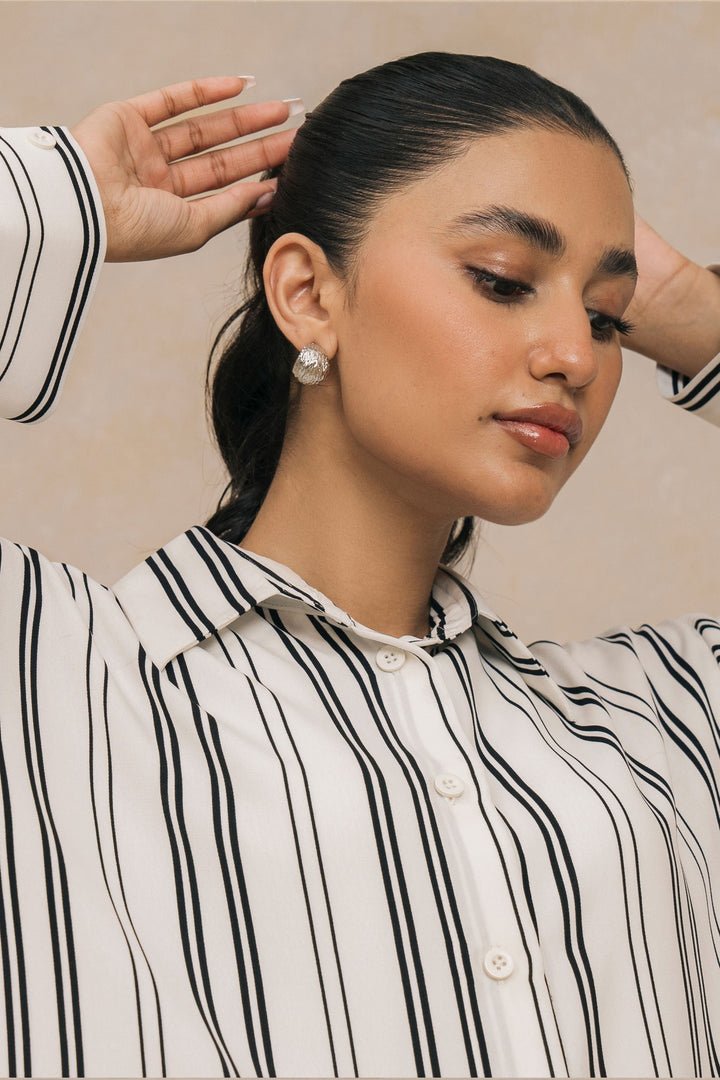 Black and White Striped Knee Length Shirt