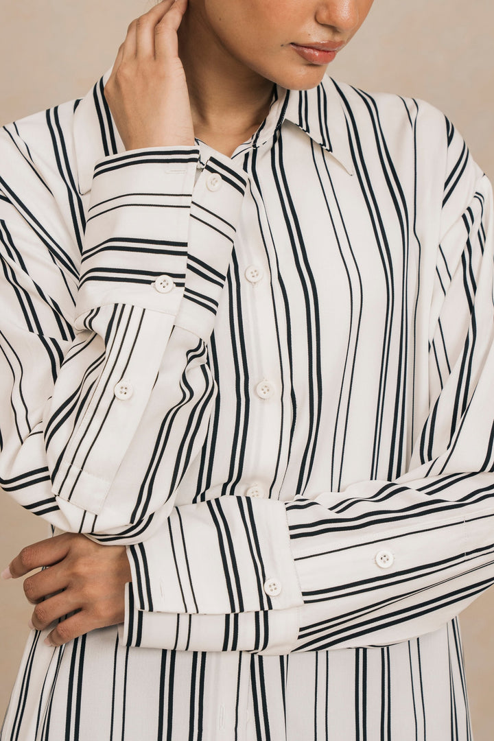 Black and White Striped Knee Length Shirt
