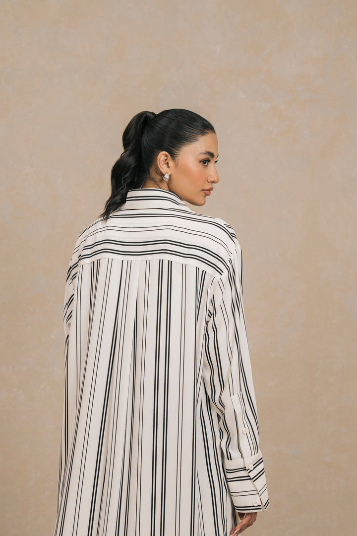 Black and White Striped Knee Length Shirt