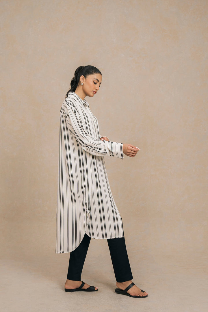Black and White Striped Knee Length Shirt