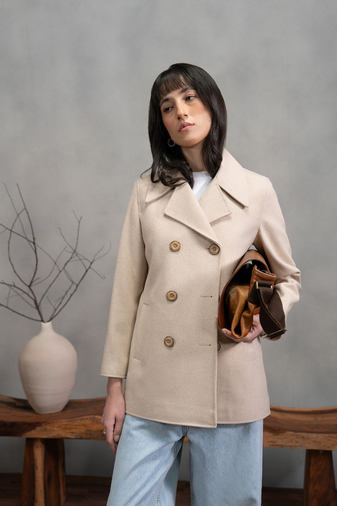 Off White Wool Double Breasted Coat