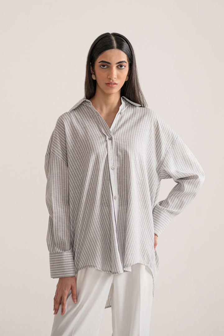 Grey &amp; White Striped Linen Shirt