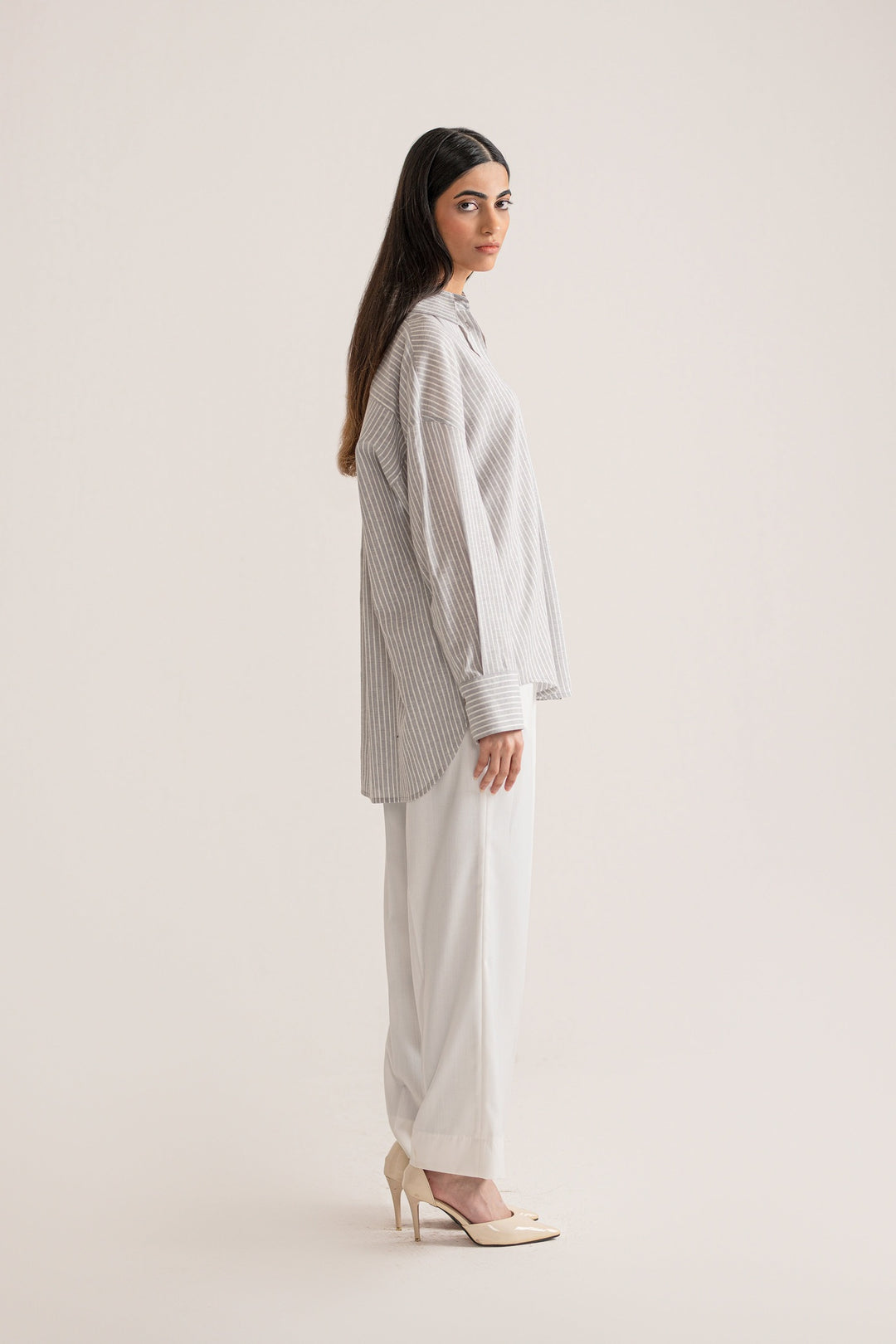 Grey &amp; White Striped Linen Shirt