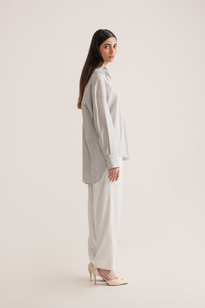 Grey &amp; White Striped Linen Shirt