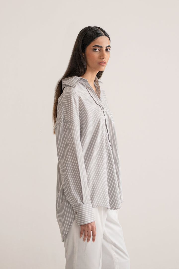 Grey &amp; White Striped Linen Shirt