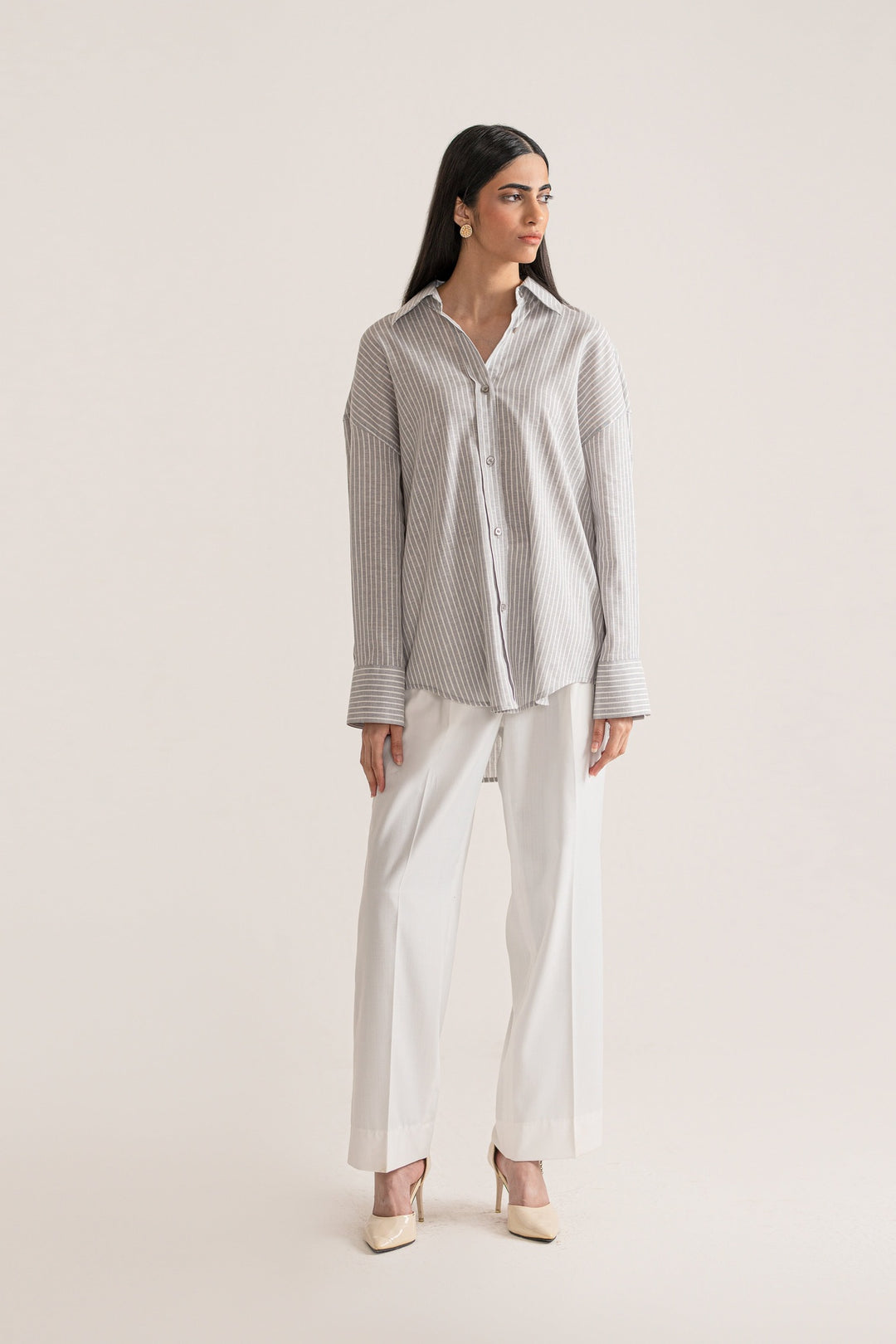 Grey &amp; White Striped Linen Shirt