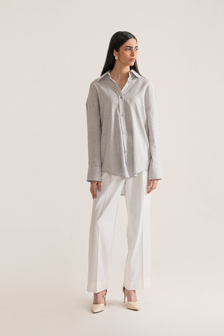 Grey &amp; White Striped Linen Shirt