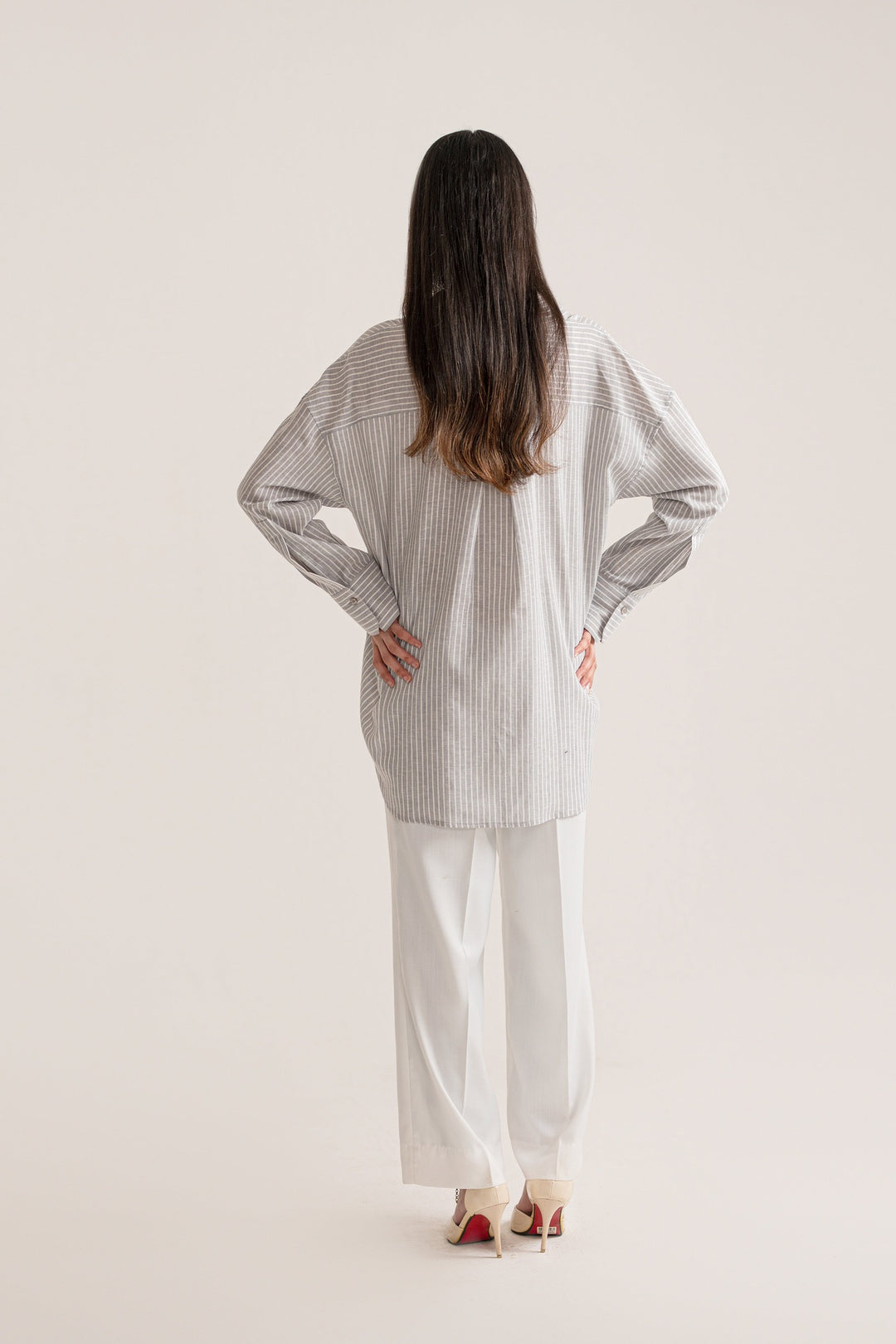 Grey &amp; White Striped Linen Shirt