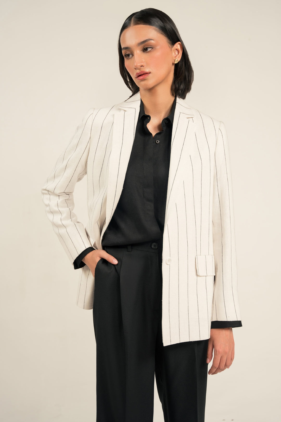 Black &amp; White Striped Linen Blazer