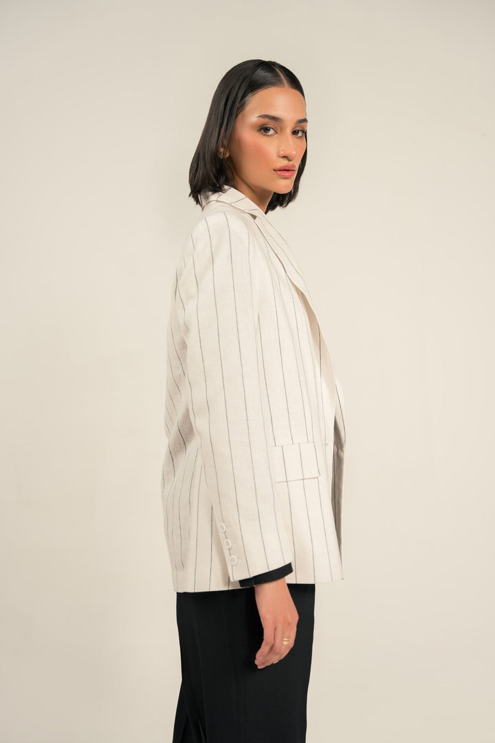 Black &amp; White Striped Linen Blazer