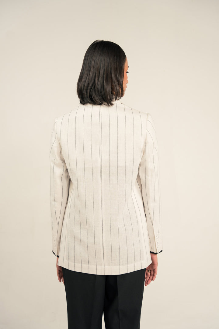 Black &amp; White Striped Linen Blazer