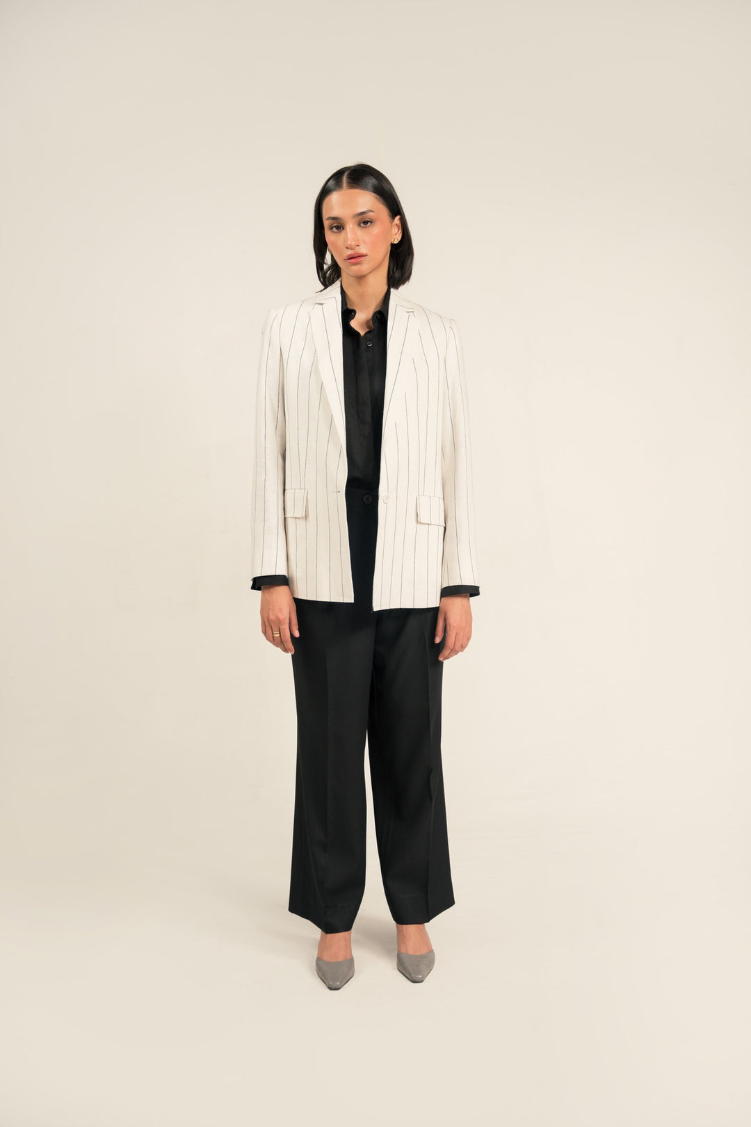 Black &amp; White Striped Linen Blazer