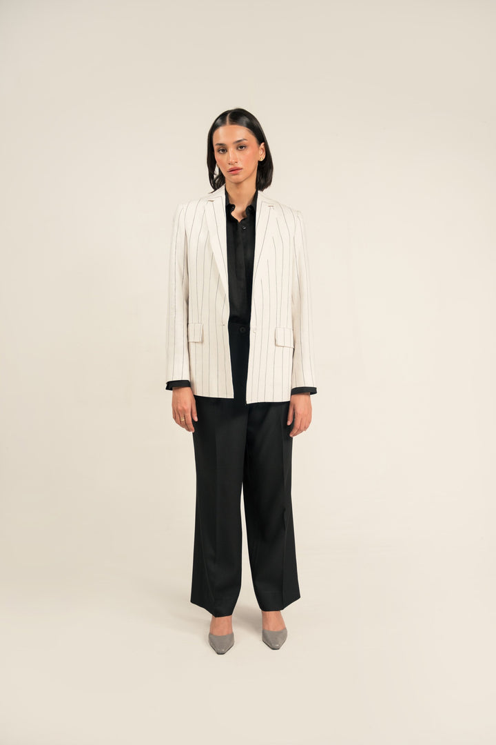 Black &amp; White Striped Linen Blazer