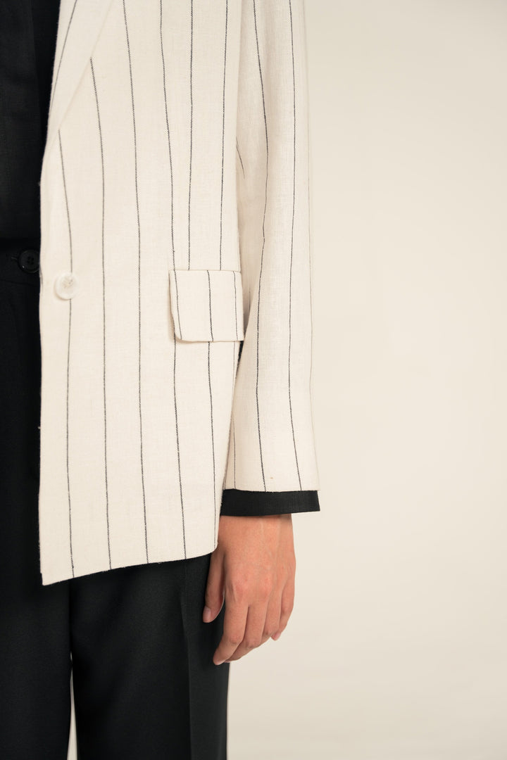 Black &amp; White Striped Linen Blazer
