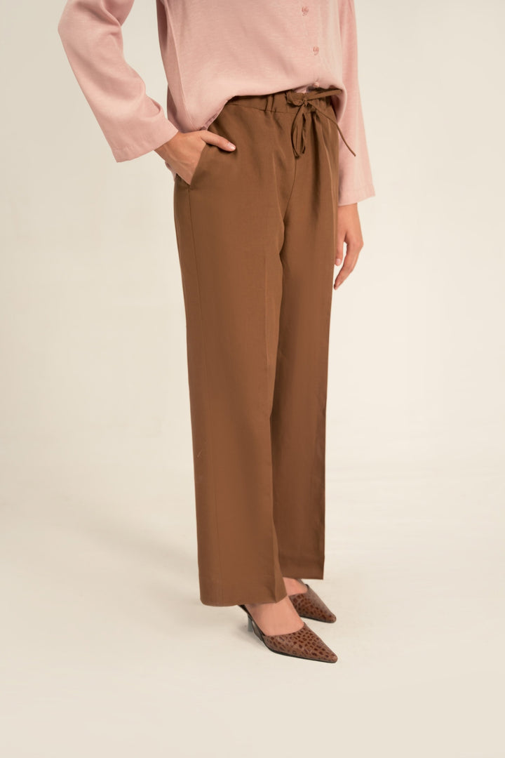 Brown Linen Straight Fit Trouser