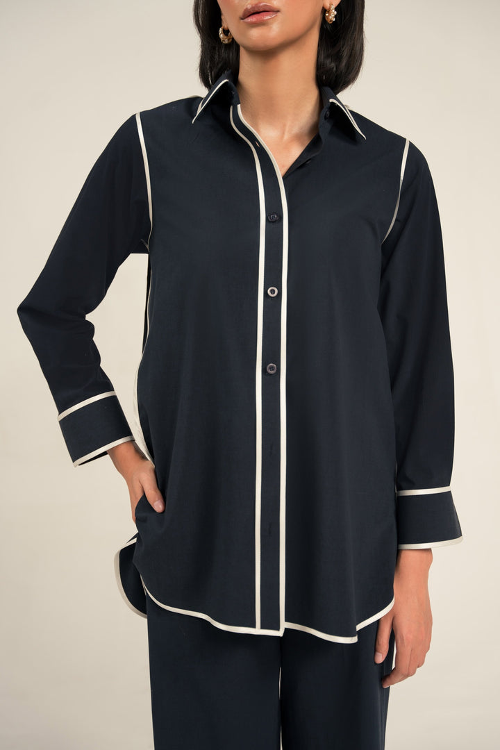 Navy Blue Co-Ord Set With Contrast Piping