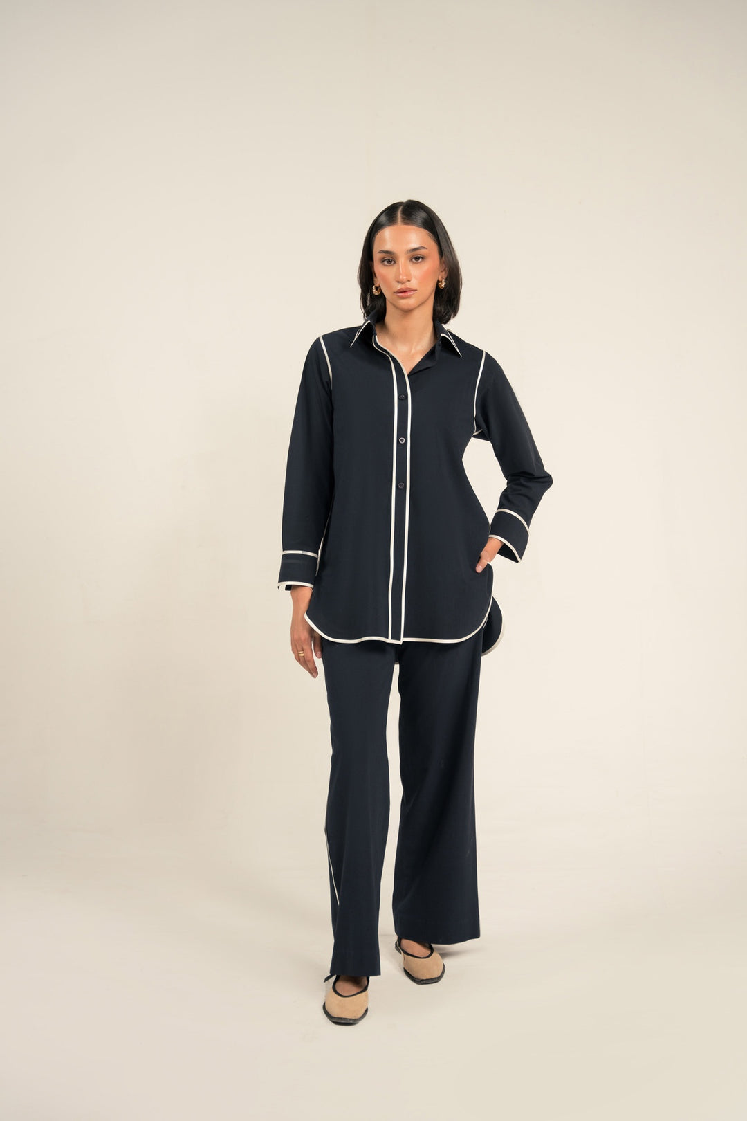 Navy Blue Co-Ord Set With Contrast Piping