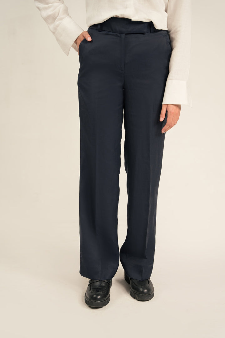 Navy Blue Linen Wide Leg Trouser