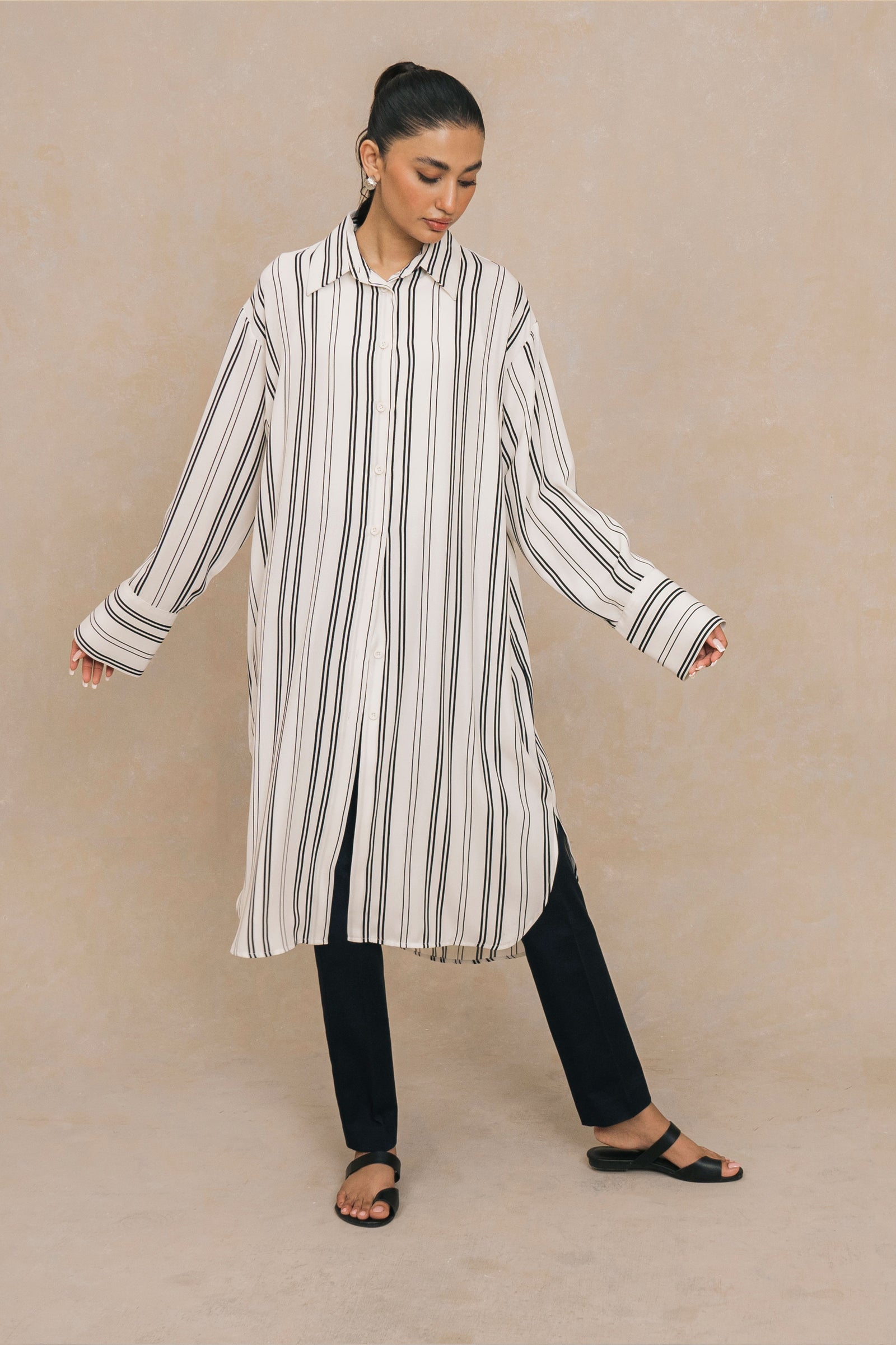 Black and White Striped Knee Length Shirt