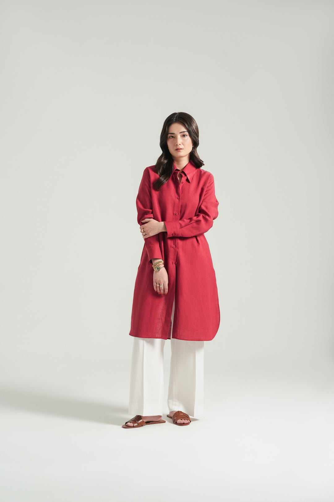Red Linen Knee Lenth Shirt