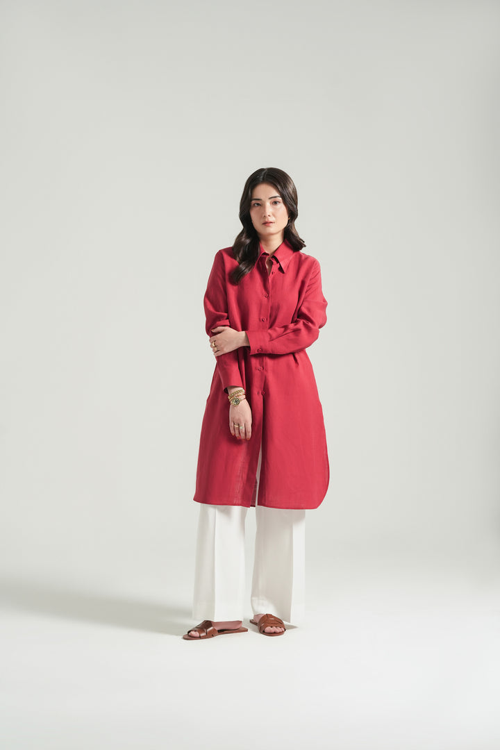 Red Linen Knee Lenth Shirt