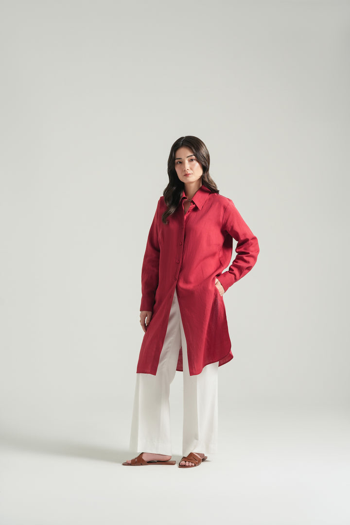 Red Linen Knee Lenth Shirt