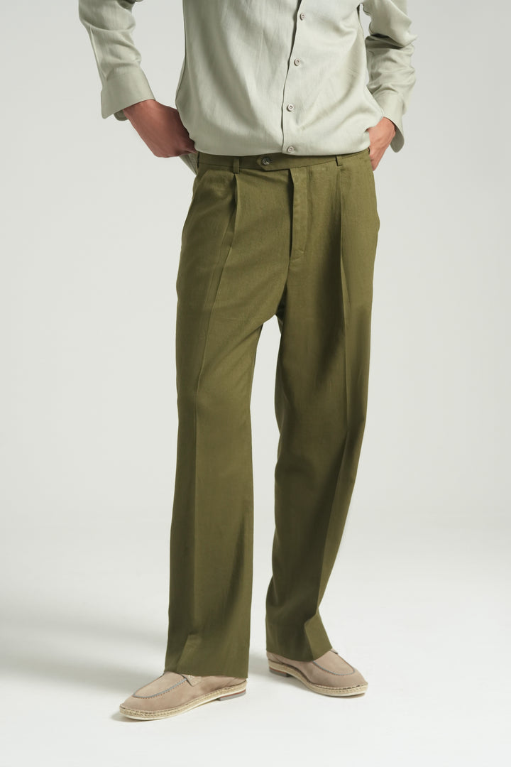 Olive Linen Straight Fit  Trouser