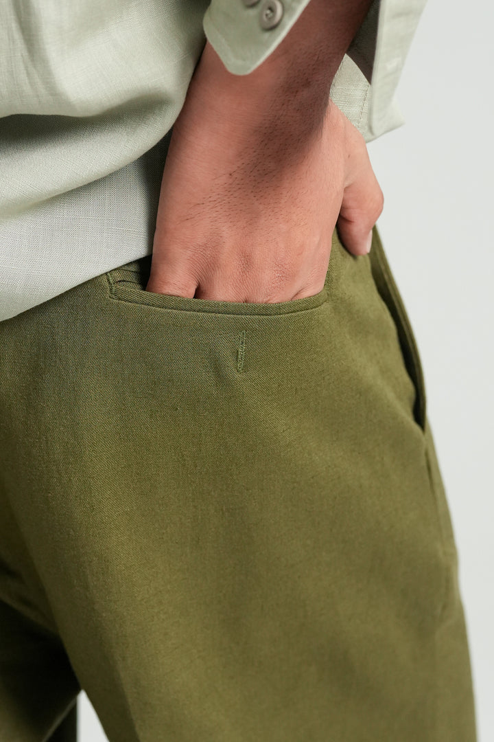 Olive Linen Straight Fit  Trouser