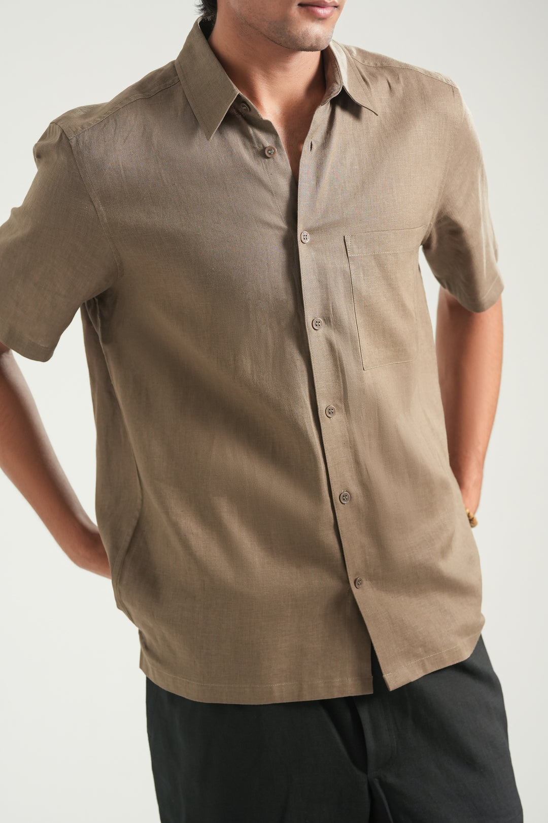Brown Short Sleeves Linen Shirt
