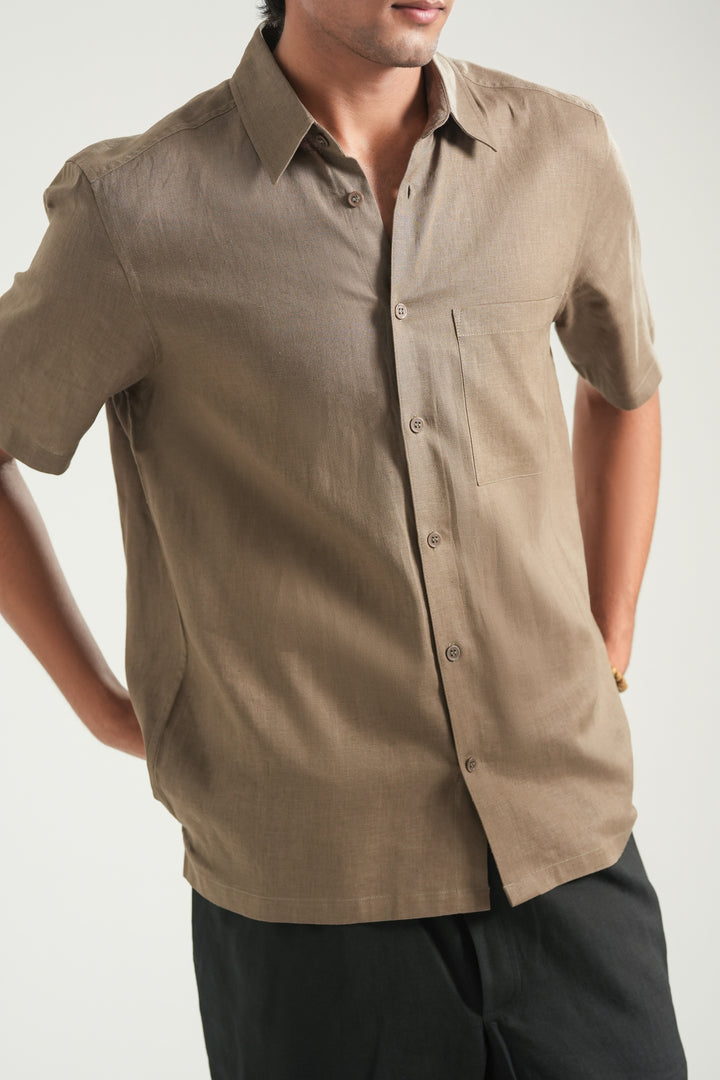 Brown Short Sleeves Linen Shirt