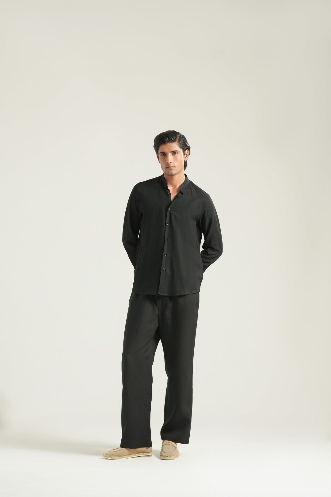 Black Mao Collar Linen Shirt