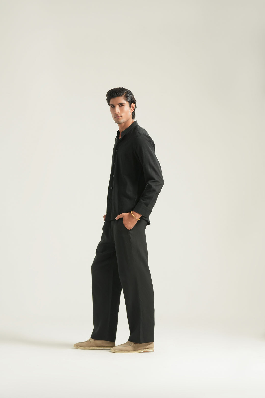Black Mao Collar Linen Shirt
