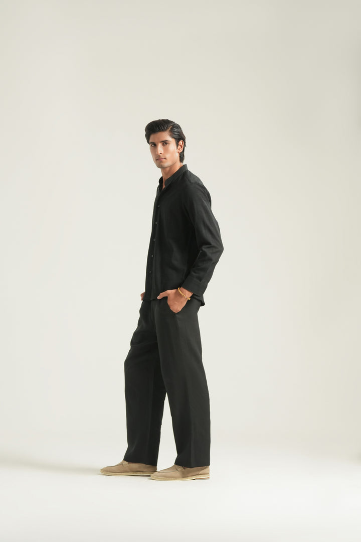 Black Mao Collar Linen Shirt