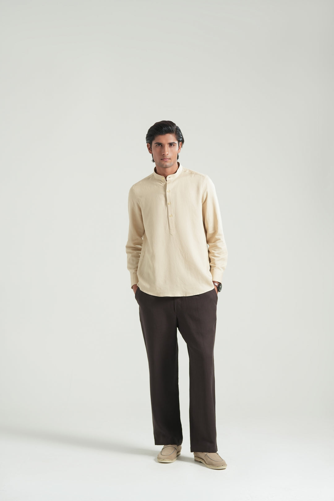 Beige Mao Collar Linen Shirt
