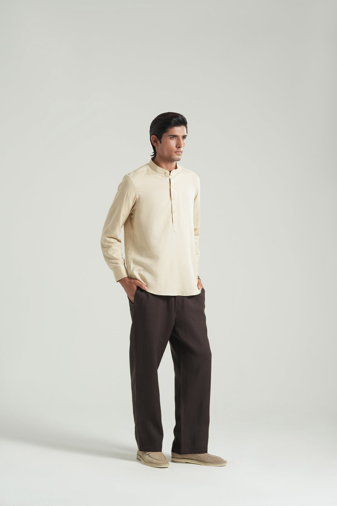 Beige Mao Collar Linen Shirt